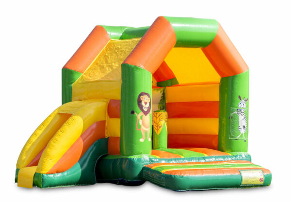 Chateau gonflable pour enfant, couleur orange - vert - jaune, avec toboggan