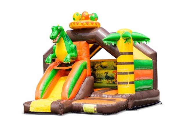 Chateau gonflable, couvert, impression de dinosaure, avec toboggan couleur orange - vert - brun - jaune